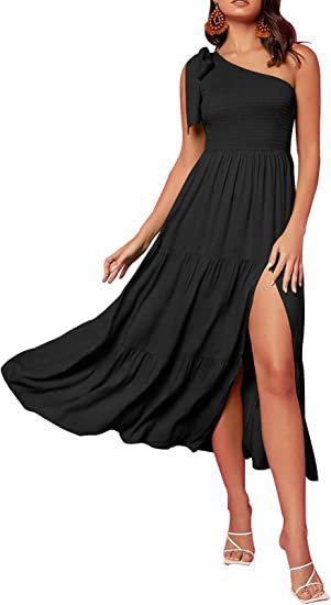 2023 Neue Sommermode Frauen ein-Schulter plissiert geschichteten Saum Split Kleid