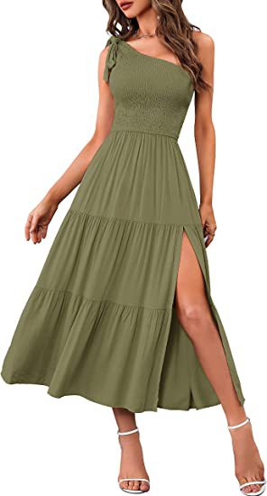 2023 Neue Sommermode Frauen ein-Schulter plissiert geschichteten Saum Split Kleid