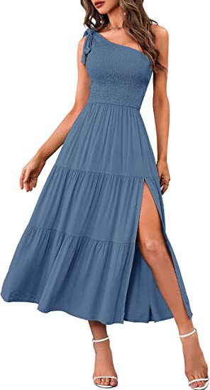 2023 Neue Sommermode Frauen ein-Schulter plissiert geschichteten Saum Split Kleid