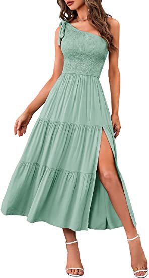 2023 Neue Sommermode Frauen ein-Schulter plissiert geschichteten Saum Split Kleid