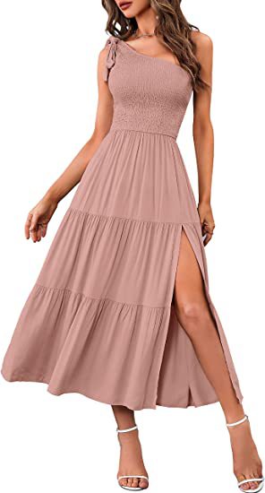2023 Neue Sommermode Frauen ein-Schulter plissiert geschichteten Saum Split Kleid