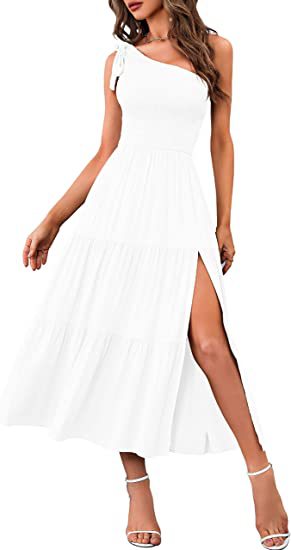 2023 Neue Sommermode Frauen ein-Schulter plissiert geschichteten Saum Split Kleid