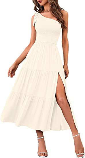 2023 Neue Sommermode Frauen ein-Schulter plissiert geschichteten Saum Split Kleid