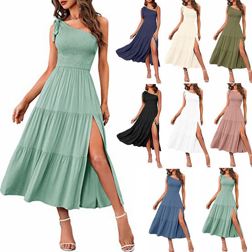 2023 Neue Sommermode Frauen ein-Schulter plissiert geschichteten Saum Split Kleid